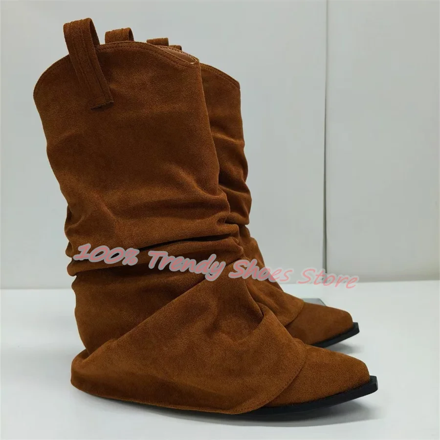 Retro Turned-Over Edge Pleated Leather Knee High Boots Women Chunky Heel Height Increasing Western Boots Lady Large Size Shoes