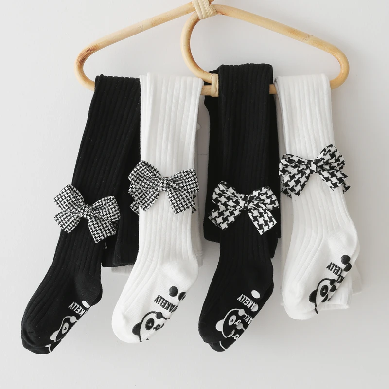 New Baby Girls Pantyhose Stockings Black White Bow Tie Panda Dispensing Anti-slip Knitted Tights Cotton Toddler Child Stockings