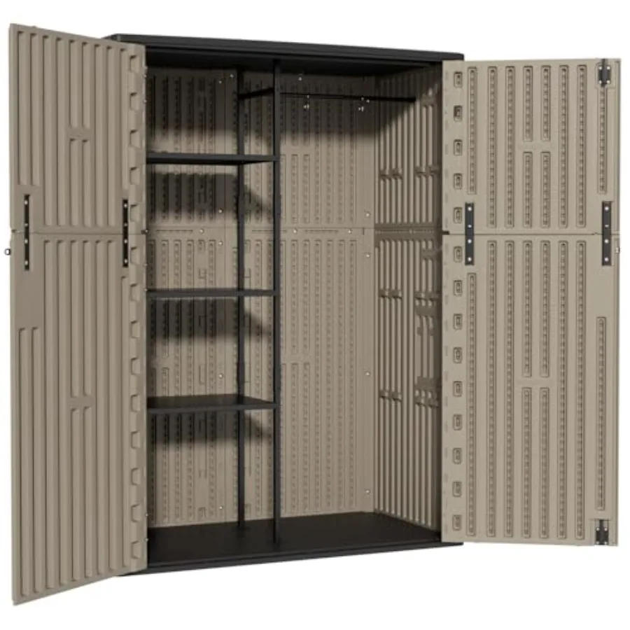 Vertical storage shed for 57 cu.ft use, steel material, black color, easy assembly with included screws and nuts