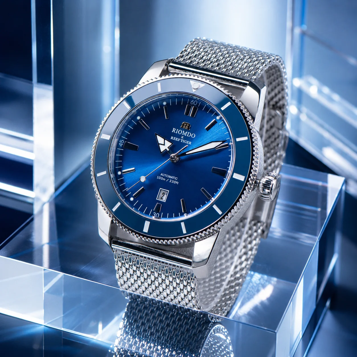 RIOMDO&RF Luxury Brand Men's Automatic Watch 46mm Blue Dial Luminous Waterproof Steel Mesh Bracelet Business Watches RD-601