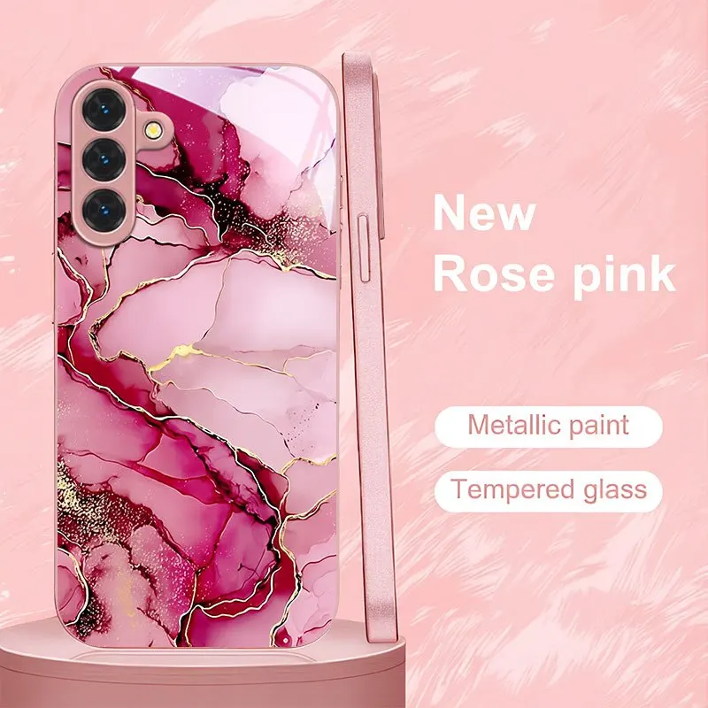 Pink marble patterned glass phone case suitable for Samsung Galaxy S26 S25 S24 S23 S22 S21 S20FE/Ultra/Plus anti drop back cover
