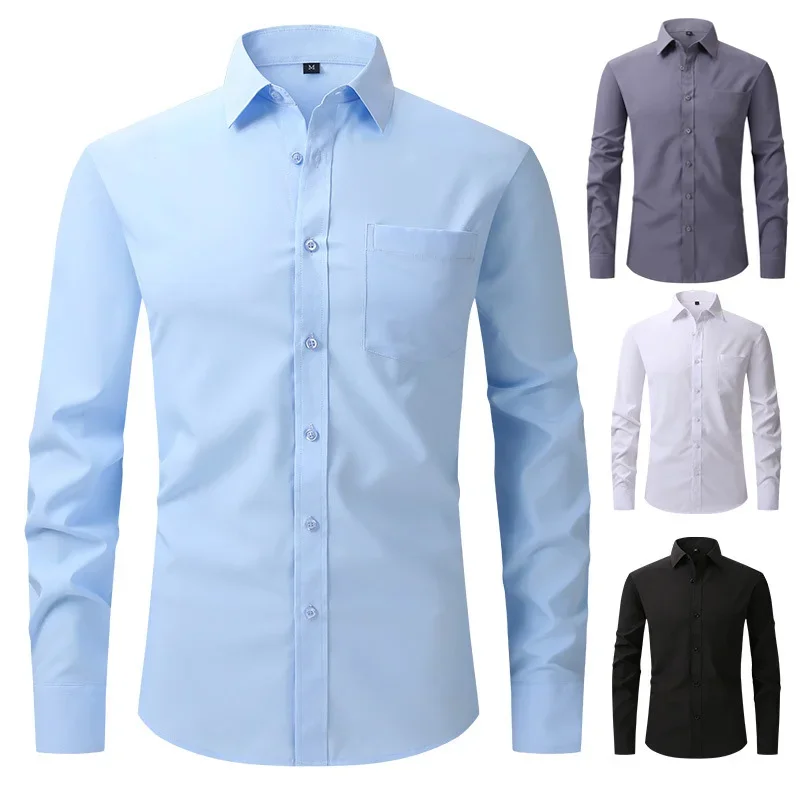 

Популярная белая рубашка с длинными рукавами размера красоты, мужская четырехсторонняя эластичная однотонная рубашка против морщин, деловая повседневная свободная верхняя рубашка