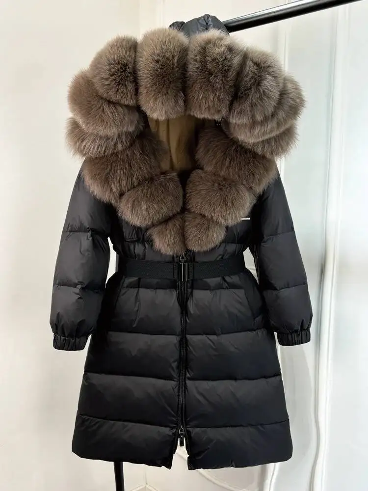 Janveny New Natural Thick Warm 90% White Duck Down Coat Long Winter Jacket Women Real Big Fox Fur Collar Belt Loose Puffer Parka
