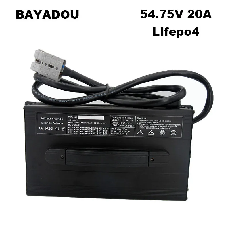 Carregador de bateria inteligente rápido, LiFePO4, Fosfato de ferro LFP, 54.75V, 20A, 15S, 48V, 15A, 25A, 30A, 110V, 220V