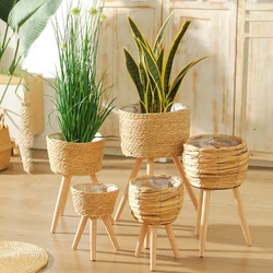 D0AD Indoor Plant Stand, Straw Woven Flower Pots, Floor Planter Baskets, Rack Wooden Plant Shelf, Garden Decoration