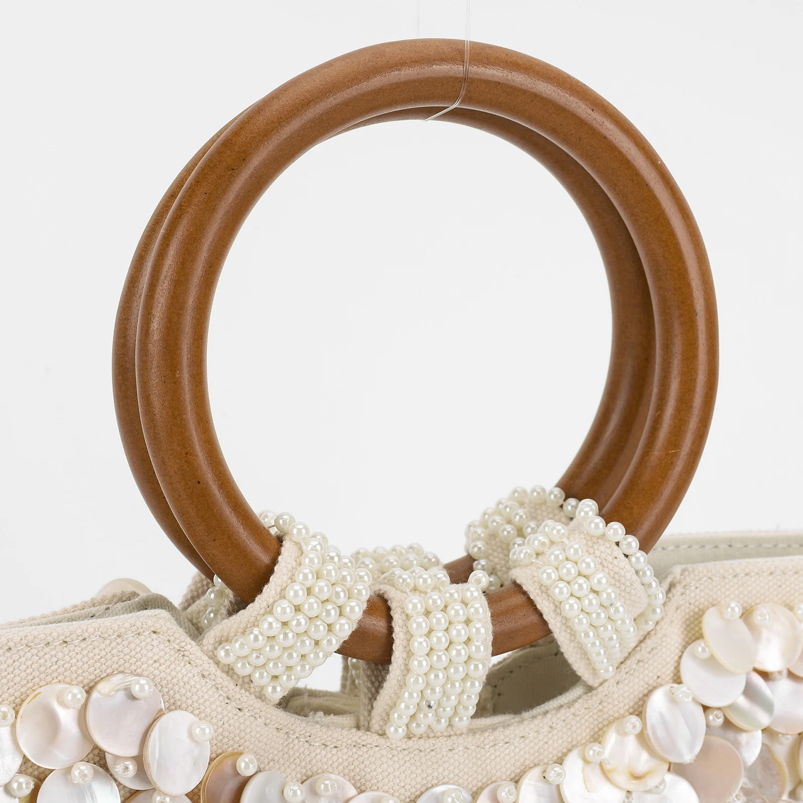 حقيبة بمقبض علوي مطرز على شكل صدفة، حقيبة شاطئ بمقبض خشبي، حقيبة يد مسائية مصنوعة يدويًا، مصممة فاخرة لقضاء عطلة الصيف للنساء