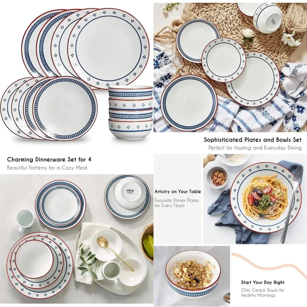 

12-piece stoneware dinnerware set for 4, geometric vintage plates & bowls, scratch-resistant dishwasher & microwave safe dishwar