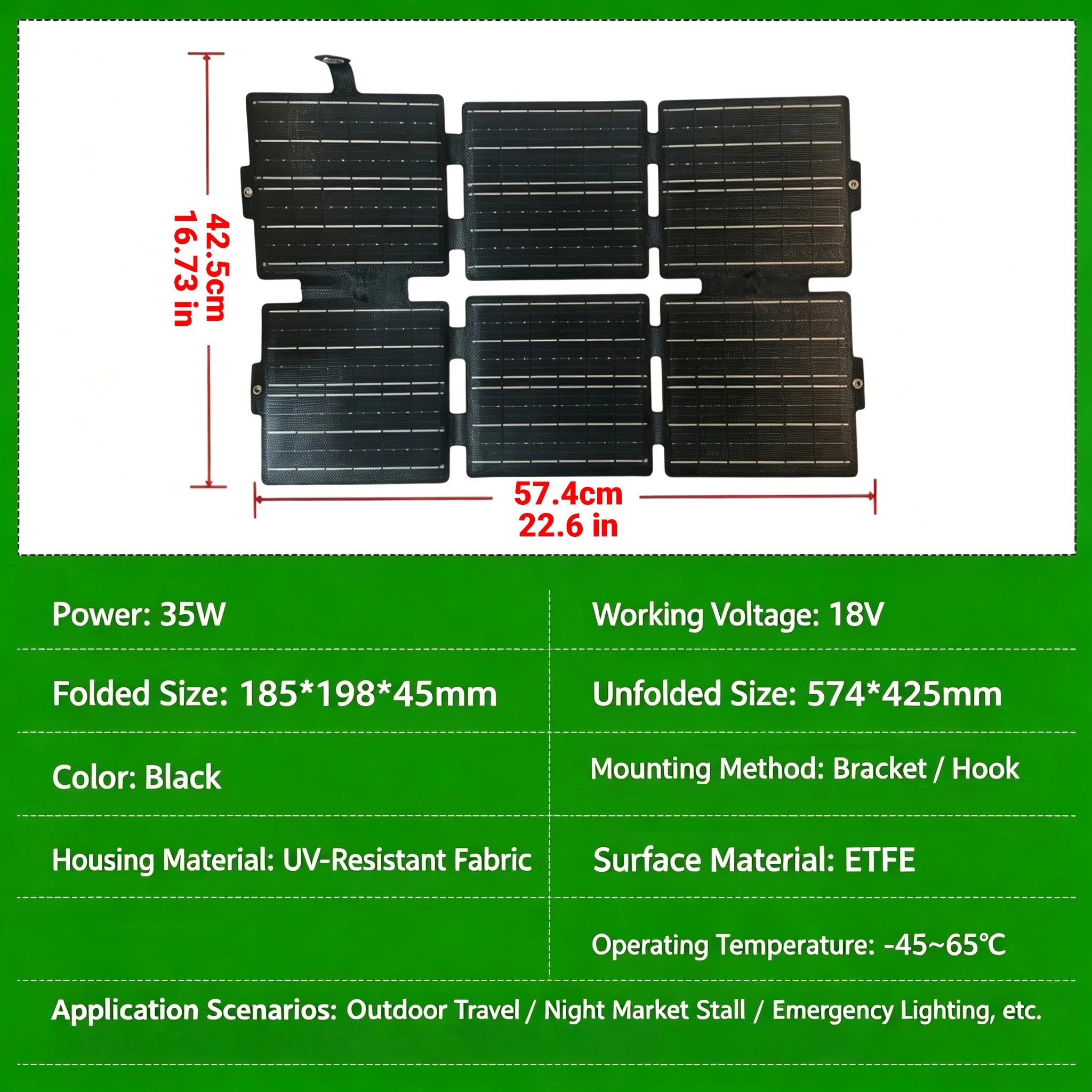 35W Monocrystalline Portable Folding PV Solar Panel for Mobile Phone Camping RV Travel Power Station Emergency Outdoor Use