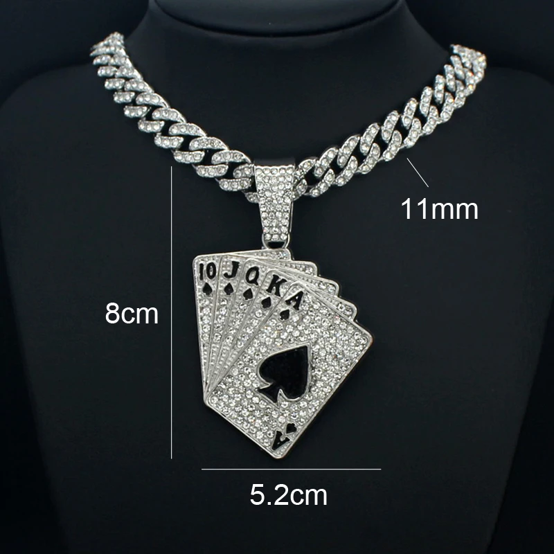 Men Women Hip Hop Playing Card Poker Pendant Necklace Crystal Cuban Chain HipHop Iced Out Bling Necklaces Fashion Charm Jewelry view 4