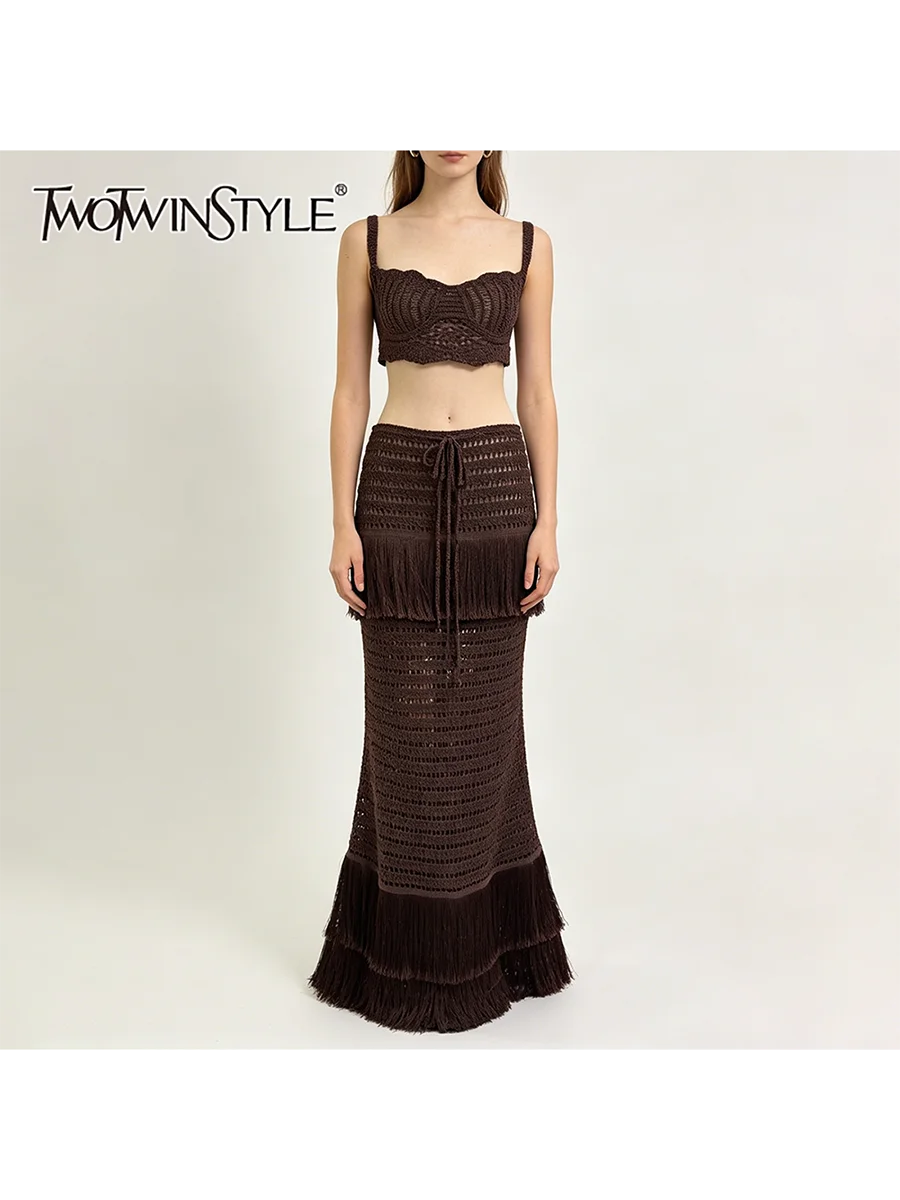 

TWOTWINSTYLE Hollow Out Knitted Two Piece Sets for Women Square Collar Sleeveless Vest High Waist Tassels Skirt Solid Set Female