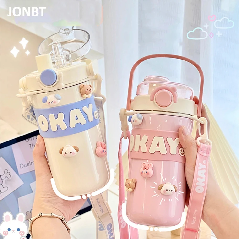 

Kawaii Thermal Water Bottle With Straw Sticker Stainless Steel Thermos Keep Cold Hot Coffee Bubble Tea Cute Bottle For Kid Girl