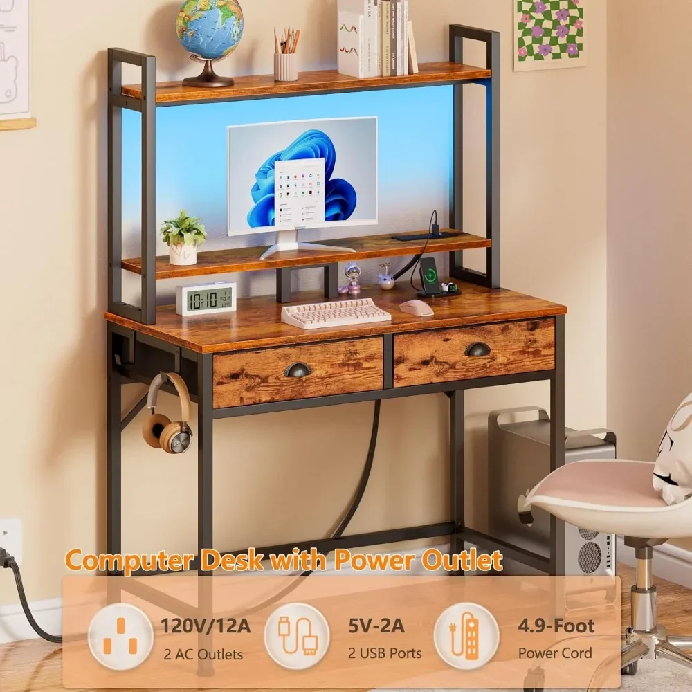 مكتب كمبيوتر صغير مع أدراج، مكاتب مكتب منزلية مقاس 36 بوصة مع مخرج طاقة وإضاءة LED، مكتب ألعاب مع حامل شاشة، Mo