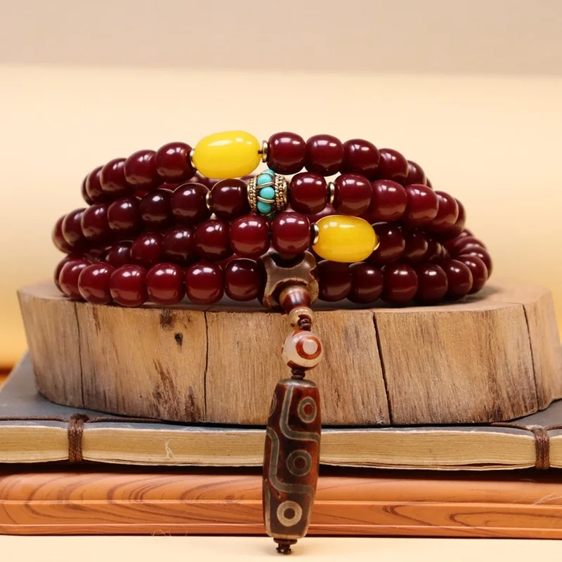Dark cinnabar bracelet with 108 , nine-eyed dzi , cherry Bodhi , Buddhist beads for cultural appreciation
