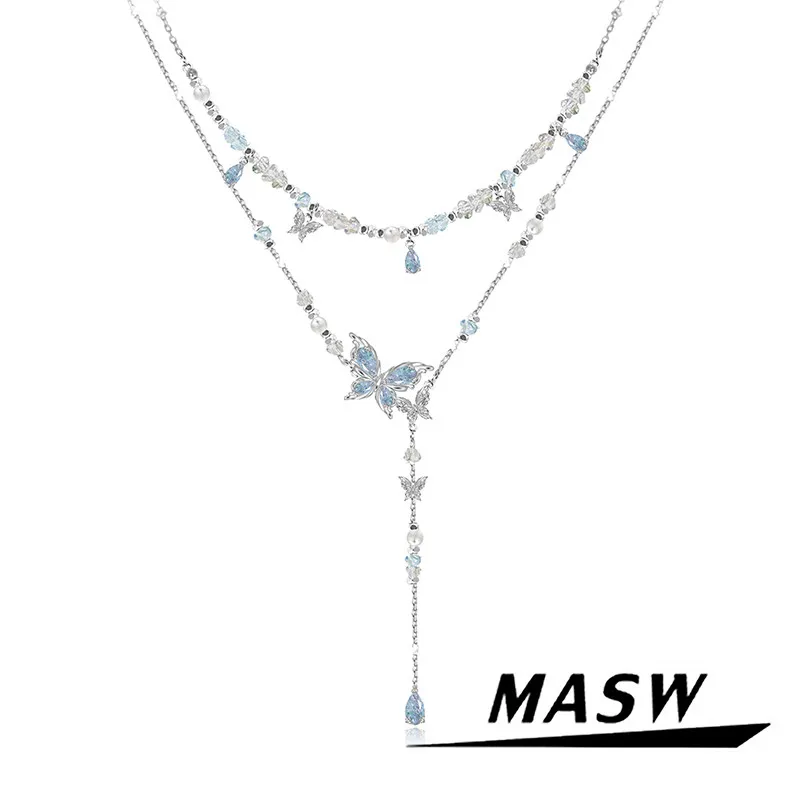 MASW Original Design Sweet Korean Temperament Blue Butterfly Necklaces For Women Party Gifts Fashion Jewelry Fine Accessories