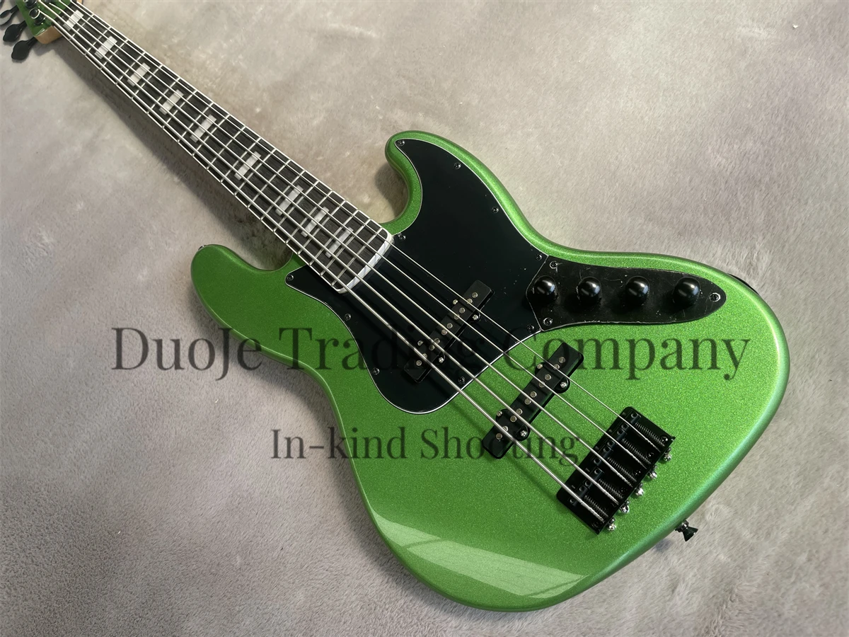 5 Strings Electric Bass Jazz Solid Body Metal Green Bass Rosewood Fingerboard Active Battery Black Guard Black Tuners Bridge