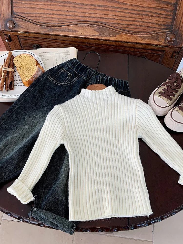 ملابس داخلية تريكو للأطفال ملابس خارجية للأطفال لون نقي للخريف والشتاء ملابس أطفال متعددة الاستخدامات ملابس كورية