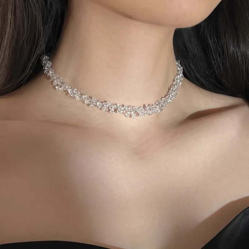 Mulit-cut Glass Crystal Irregular Beaded Choker Necklace for Women Transparent Vintage Collarbone Collar Neck Fashion Jewelry