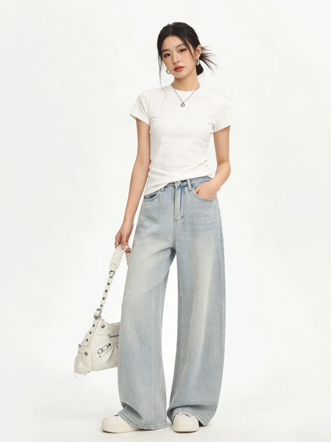 

Light Blue Waed Denim Wide Leg Pants Glittering Star Heat Transfer Diamond Soft Jeans Floor-Length Early Spring New Sle