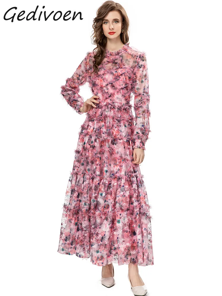 

Gedivoen Autumn Fashion Runway Vintage Print Party Dress Women O Neck Long Sleeve Mesh Ruffles High Waist Slim A-LINE Long Dress