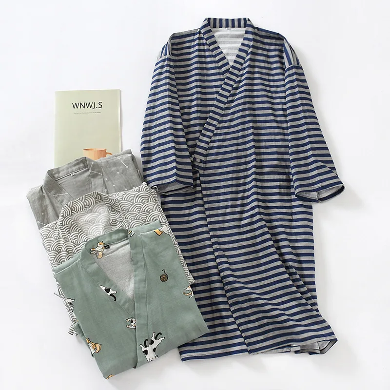 Męski szlafrok kimono z czystej japońskiej bawełny gaza, duży rozmiar, cienka piżama yukata, strój na gorące źródła