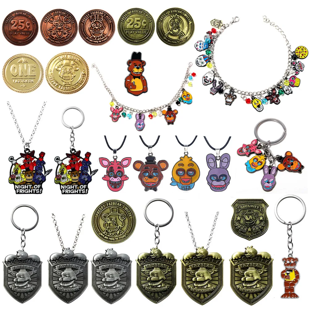 Five Nights at Freddy's FNAF Merchandise Set - Coins Keychains Necklaces Bracelets with Freddy/Bonnie/Chica Anime Game Fans Gift