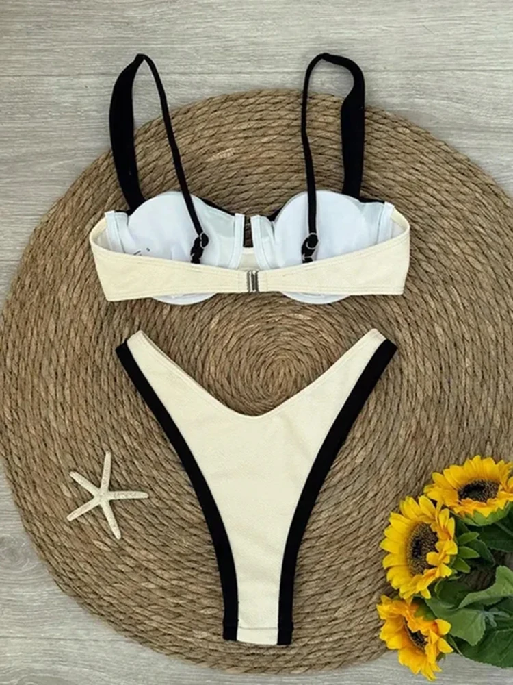 Elegante costume da bagno da donna in due pezzi, bikini tinta unita con ferretto, cuscinetti rimovibili per feste estive in piscina