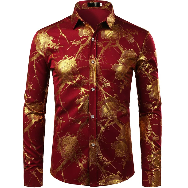 Mens Nightclub Golden Shirts 3D Rose Flower Printed Slim Fit Button Down Party Dress Shirt Casual Long Sleeve Plus Size T Shirt