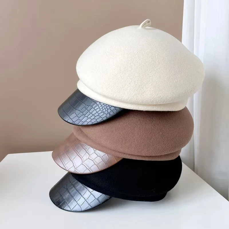 Fashion leather brim wool beret women's autumn/winter Korean style newsboy hat British knight hat duck cap Japanese system byJth