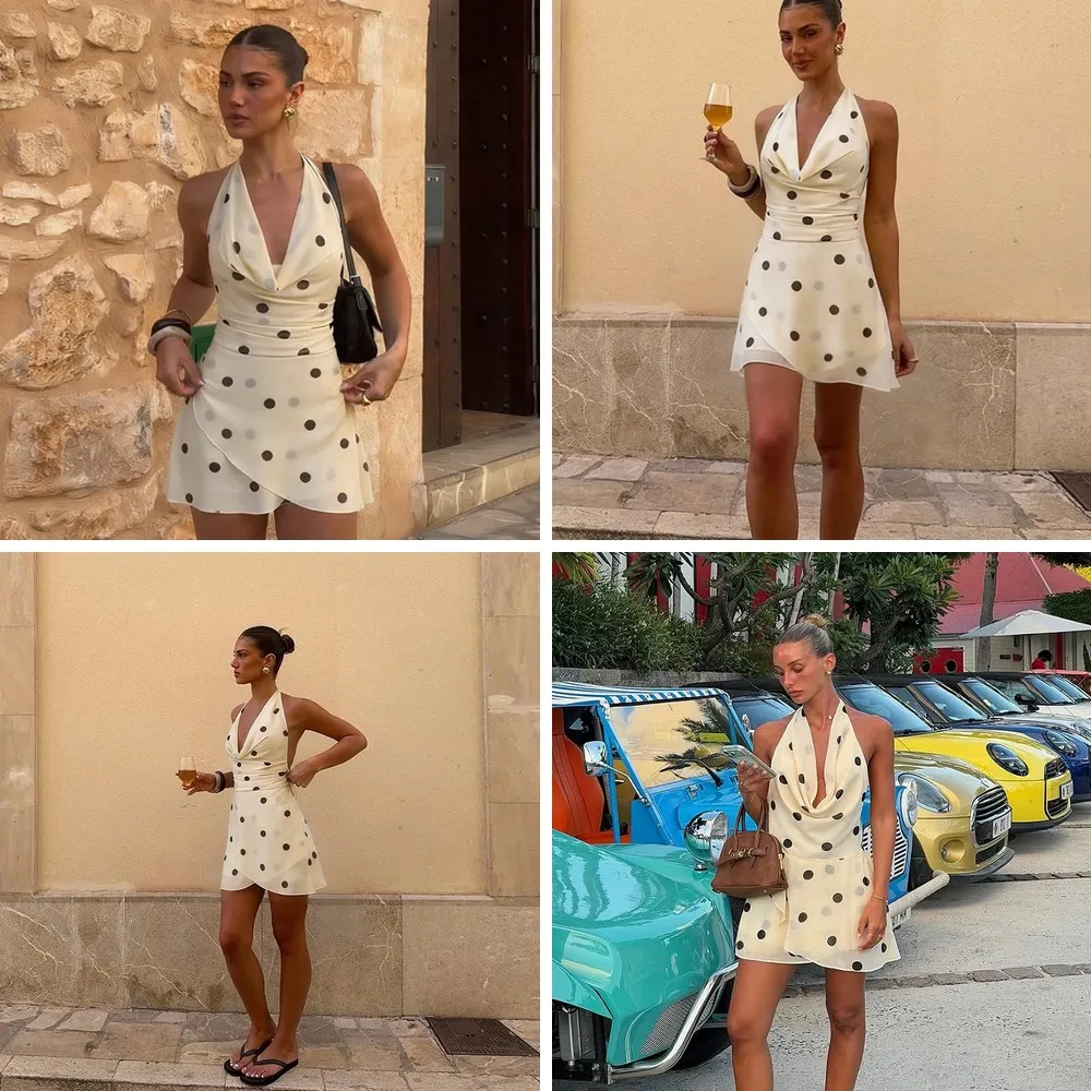 

Женское платье в горошек с завязками на шее, мини-платье без рукавов с открытой спиной, со шнуровкой и плиссировкой (Модель: 78)