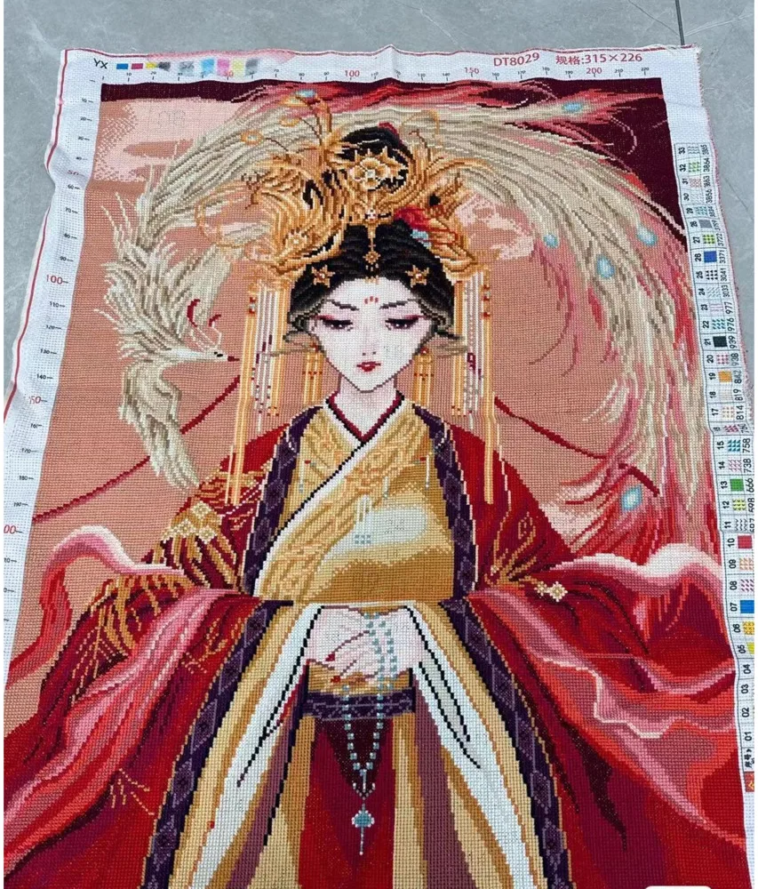 

Handmade cross stitch finished cartoon beauty with a hundred birds facing the phoenix and nine tailed divine fox