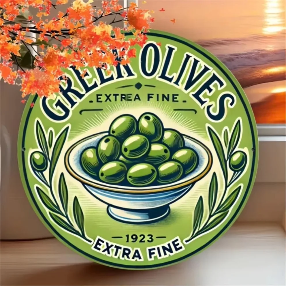 „Griechische Oliven“ Vintage-Metallwandschild – 2D-flache 20,3 x 20,3 cm große Aluminiumkunst mit „EXTRA FINE“-Design, die grüne und goldene Akzente aufgeben