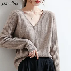 YSZWDBLX Women Cardigans 2024 Solid V-neck Knitted Autumn Winter Long Sleeve Sweater Korean Fashion Loose Fit Woman Cardigan