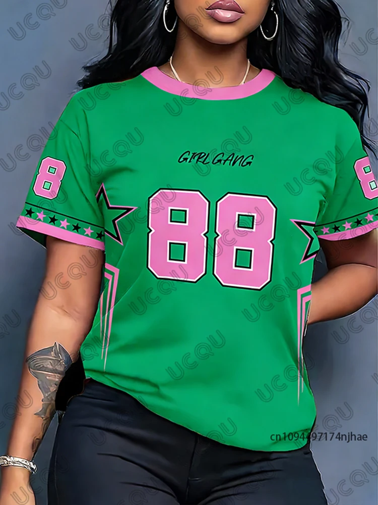 เสื้อยืดพิมพ์ลาย New Star Number 88 สำหรับผู้หญิง คอลเลคชั่นฤดูร้อน 2026 คอกลม แขนสั้น สไตล์เสื้อฟุตบอล Y2K ทรงหลวมโอเวอร์ไซส์