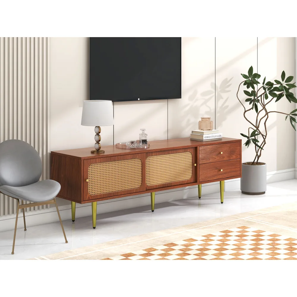 Moderner TV-Ständer mit Rattan-Schiebetüren, praktischer Stauraum, dunkles Rattan-Design aus Walnussholz – Detail 17