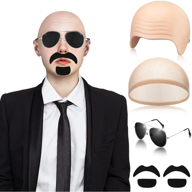 Gorros de Calvo con Gafas y Bigote, Peluca de Cabeza Calva, Accesorios de Disfraz para Fiestas, para Mujeres y Hombres, Halloween, Cosplay, Cantantes, Raperos