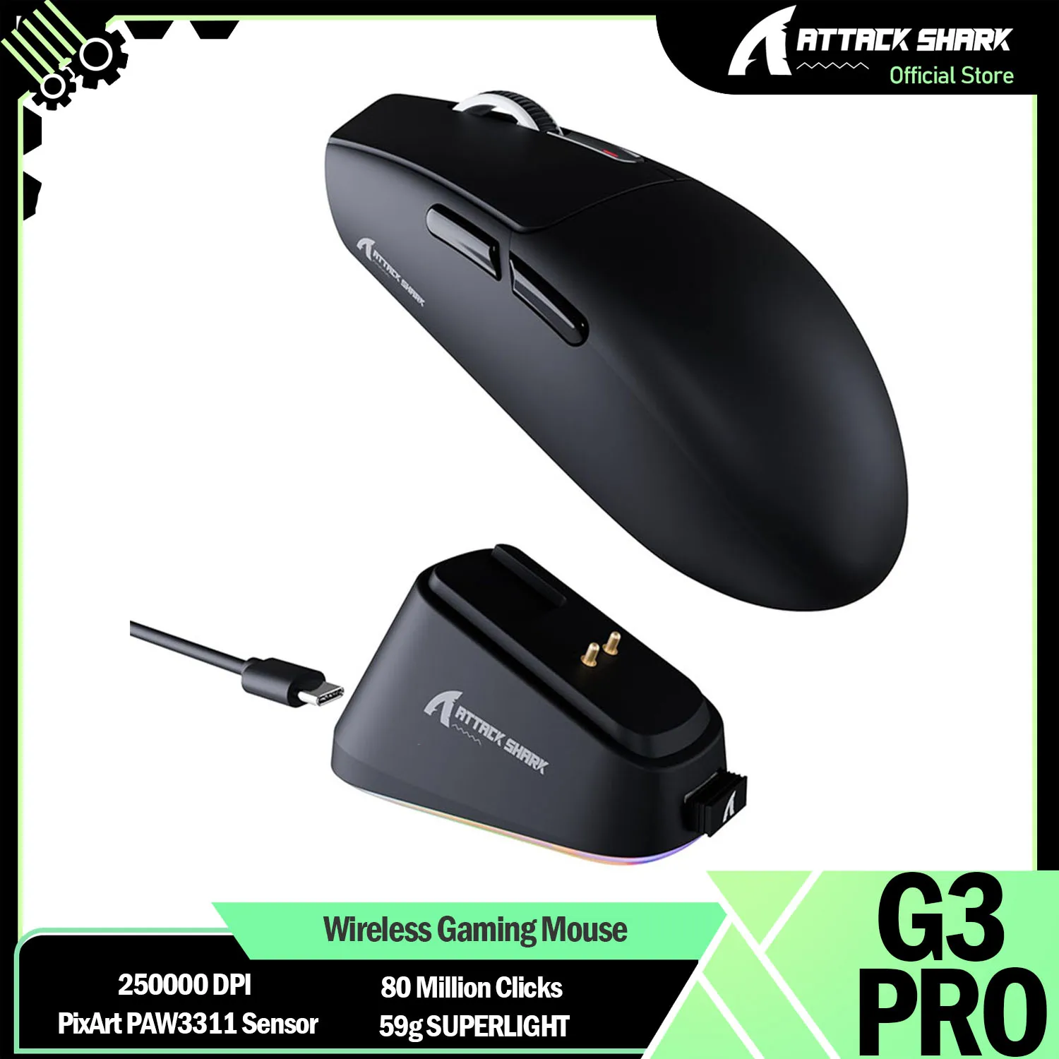 

ATTACK SAHRK G3PRO 59g Wireless Gaming Mouse with Magnetic Charging Dock,PixArt PAW3311 Gaming Sensor, 25000 DPI