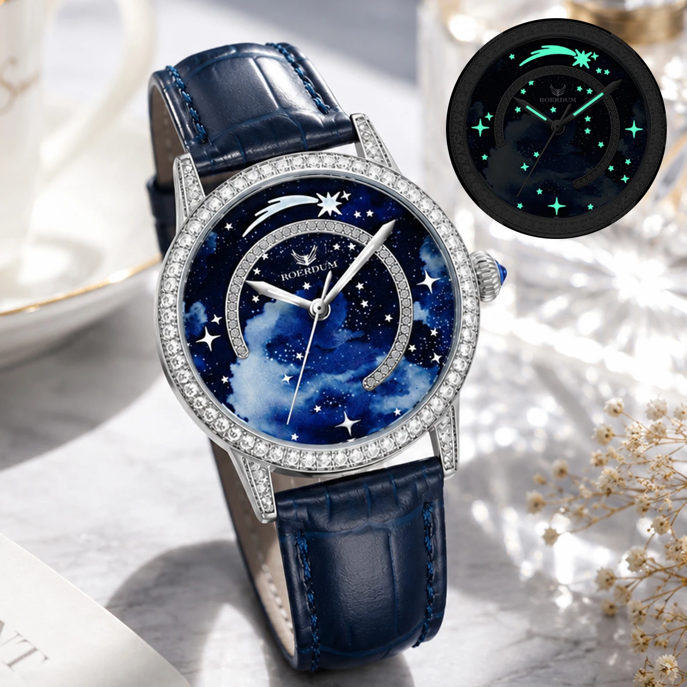 

ROERDUM Luxury Diamond Watches for Woman Blue Starry Dial Hardened Mineral Glass Waterproof High-end Automatic Watch Gift her