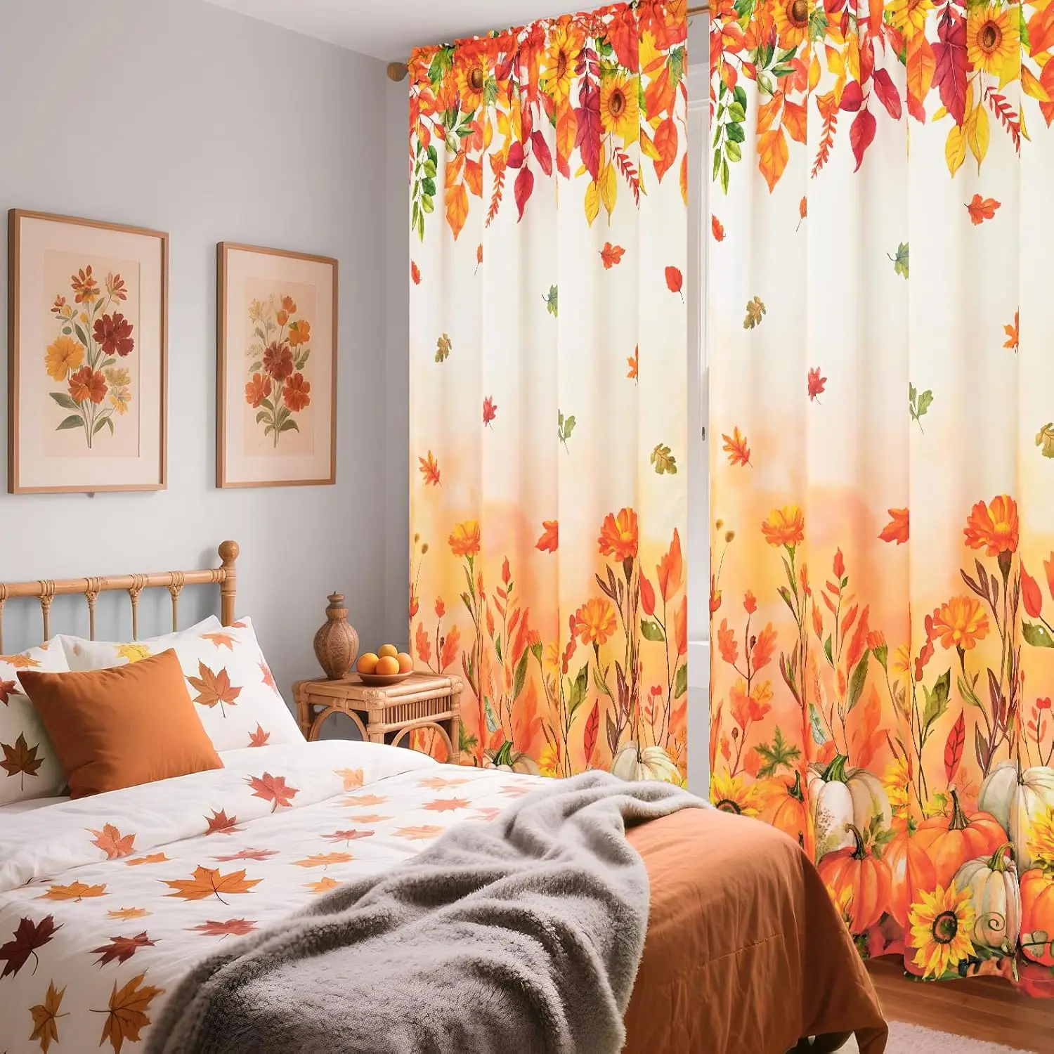 Fall Curtains for Living Room Thanksgiving Window Curtains for Bedroom Light Filtering Pumpkin Sunflowers Curtain Maple Leaves