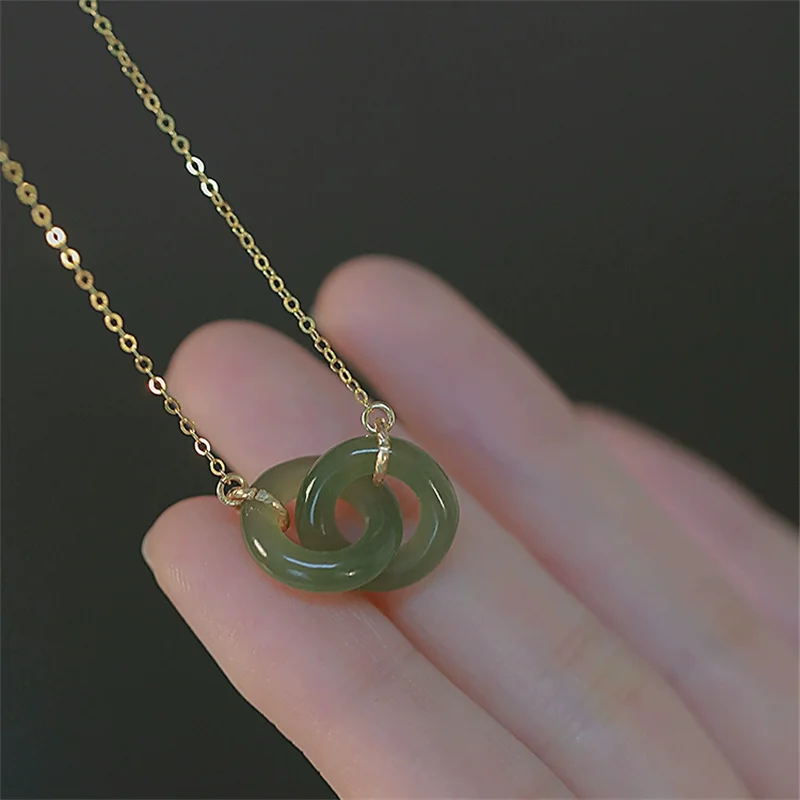 Classic Circles Interlock Jade Pendant Necklace Women Jewelry Luxury 925 Sterling Silver Clavicle Chain Necklace Female Gift