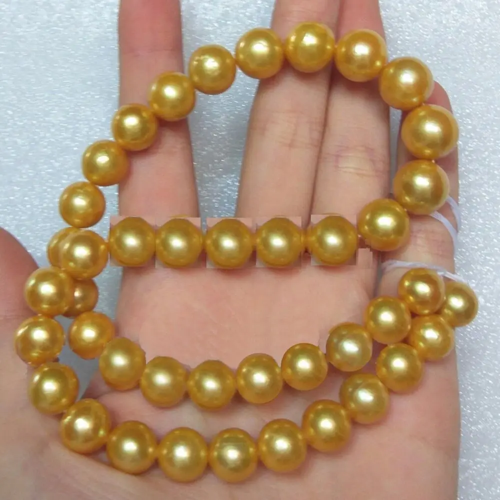 AAAA 11-12mm Natural REAL ROUND South Sea Golden Pearl Necklace