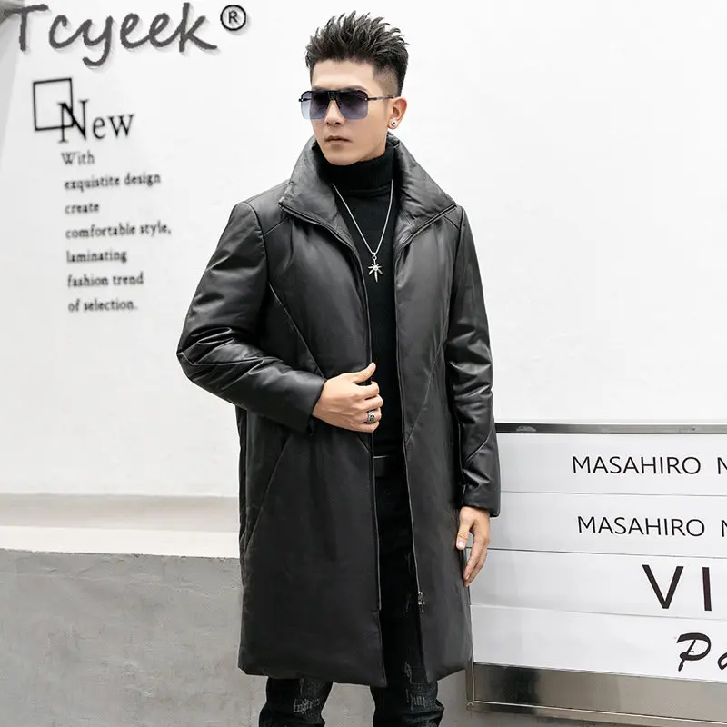 Tcyeek Winter Warm Down Jacket Men Clothing Mid-long100% Genuine Leather Puffer Jackets Thicken Sheepskin Trench Coat Male Loose