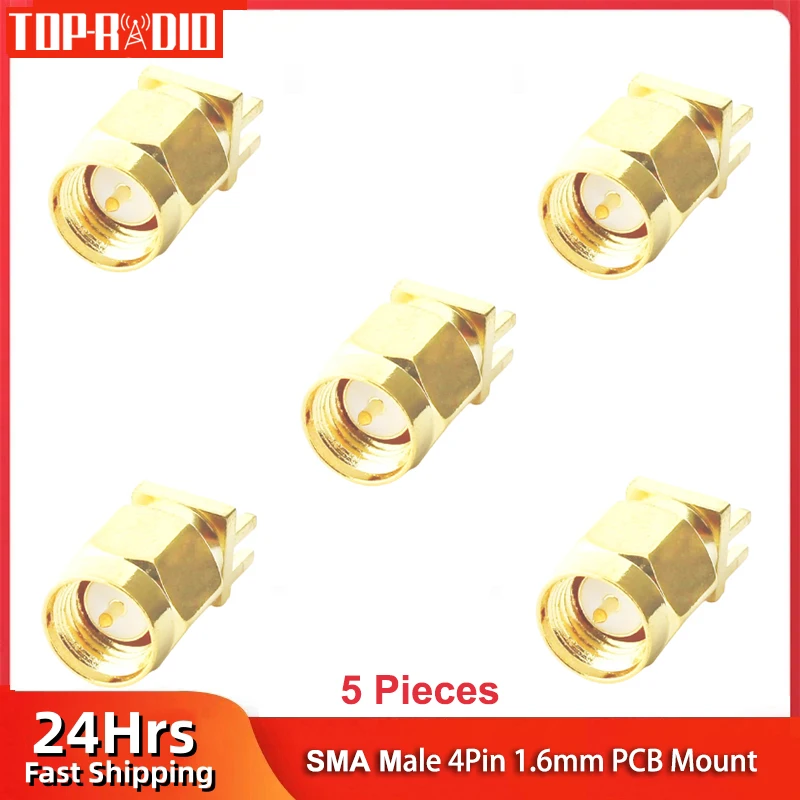 5Pcs SMA Male Plug Adapter 1.6mm Solder Edge PCB Straight Mount 4Pins RF Copper Connector Plug Socket Antenna Base