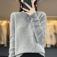 Women's 100% Beautiful Wool Round Neck Top Fashion Versatile Knitted Loose Long Sleeve Pullover Thin Sweater Yuan Ling