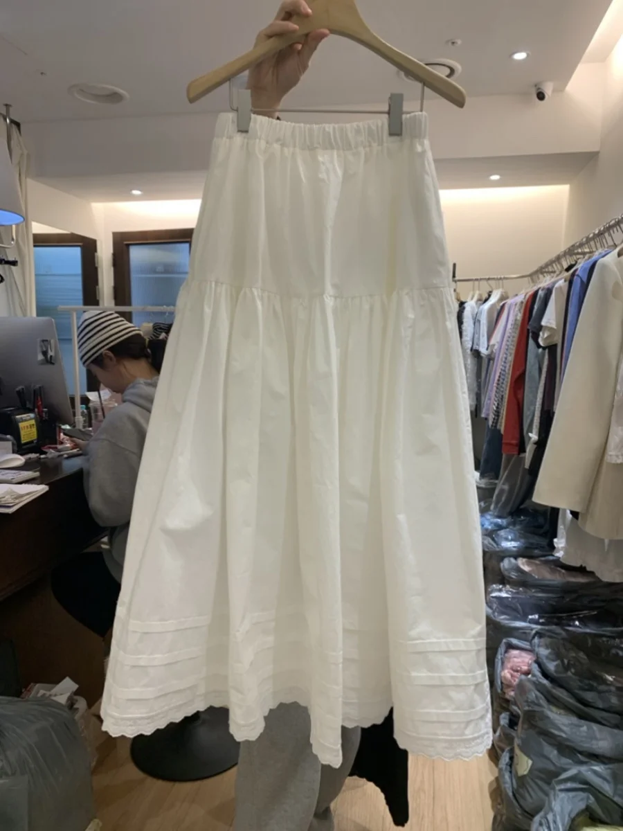 

Белая женская юбка-миди А-силуэта с высокой талией, плиссированная, кружевная, в корейском стиле, для офиса, весна-лето, новинка