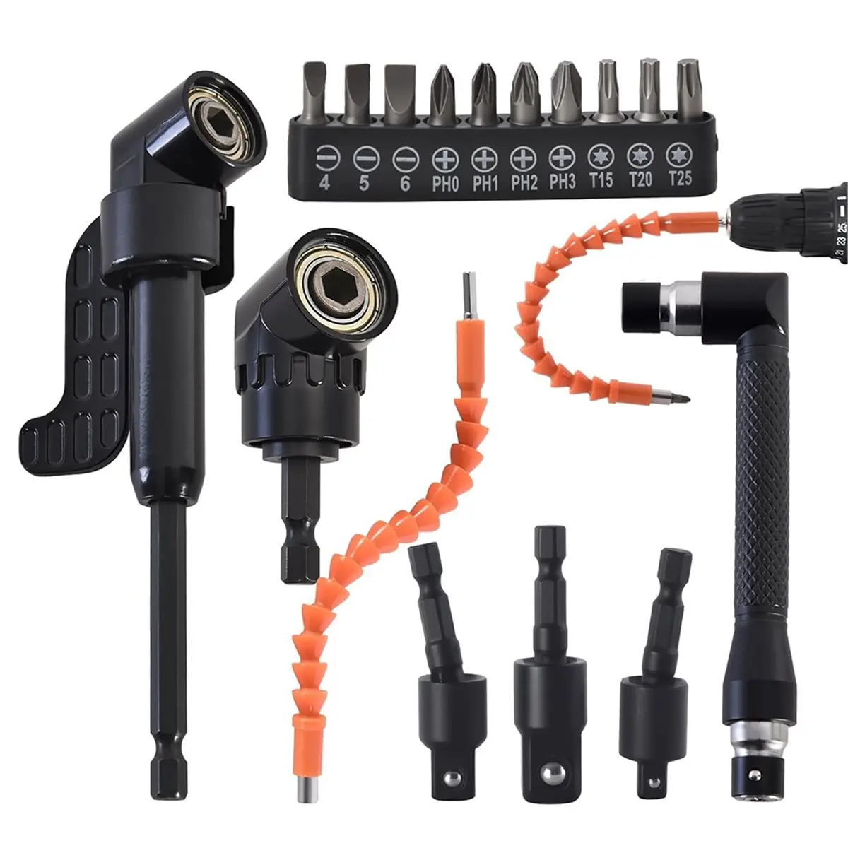 DT35BG 17Pcs Heavy-Duty -V Steel Drill Bit Set, Flexible Bendable Extension, 90° & 105° Right Angle Attachments