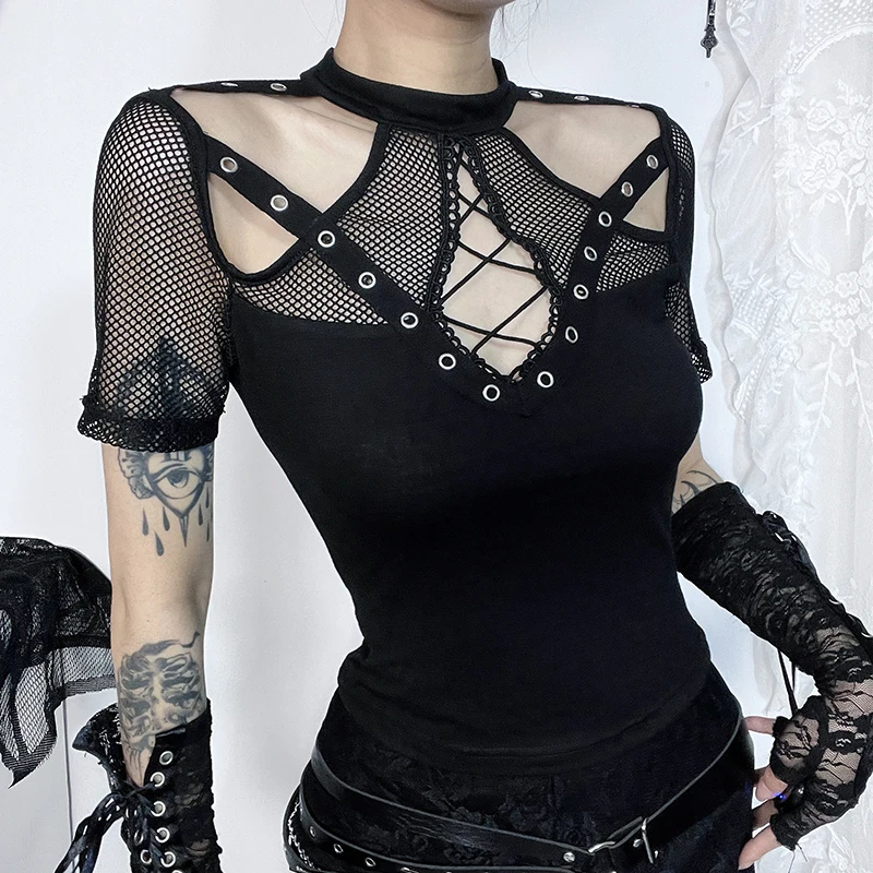 Goth Lace Mesh Short Sleeves T-Shirts Y2K Vintage Aesthetic Sexy See Through Black Lace-up Corset Crop Tops Women Summer Tees