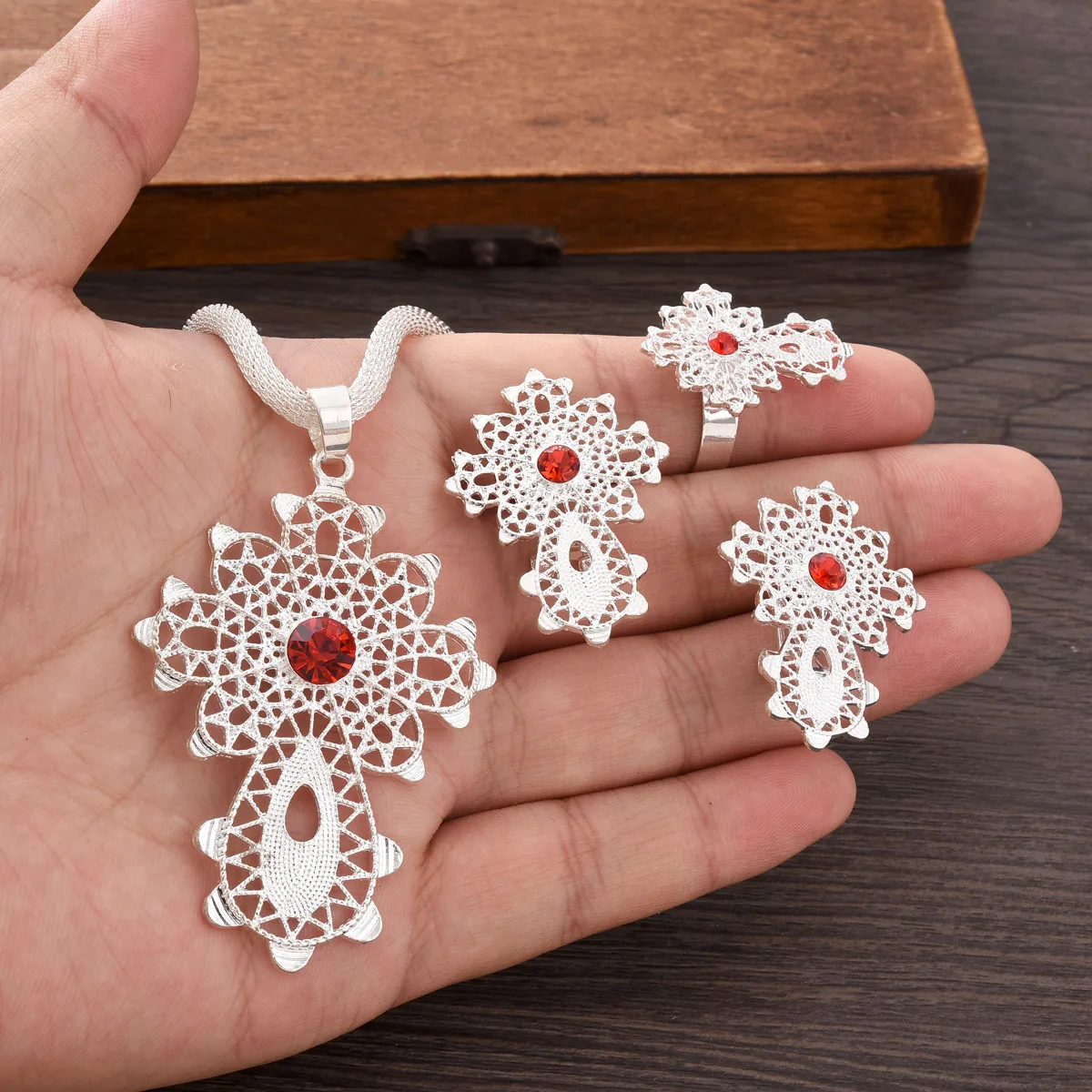 Discount Ethiopian Silver Color Jewelry Sets Multiple Cross 3-Piece Set African Eritrean Wedding Engagement Gift #224