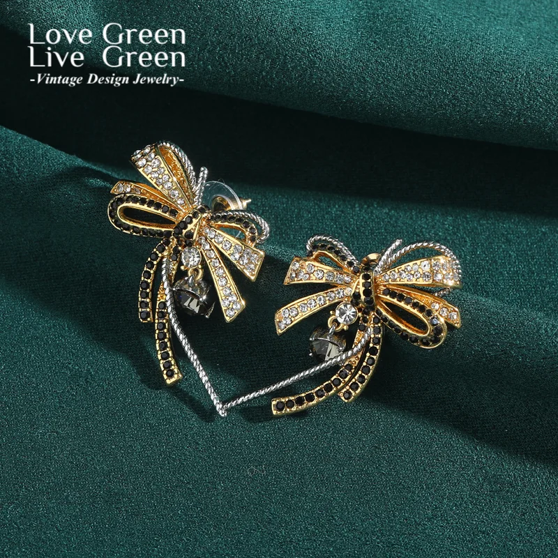 

Винтажные серьги-гвоздики с бантом из черного золота и циркона, высококачественные стразы, роскошные дизайнерские свадебные украшения, аксессуары 2025