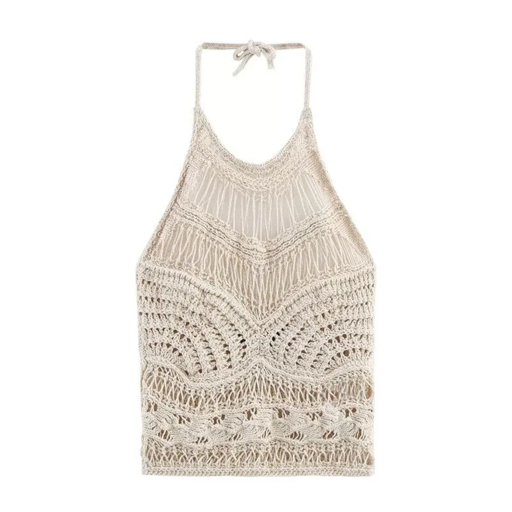 

Summer New Women's Sexy Hook Flower Hollow Knitted Hanging Neck Collar Strap Open Back Casual Top