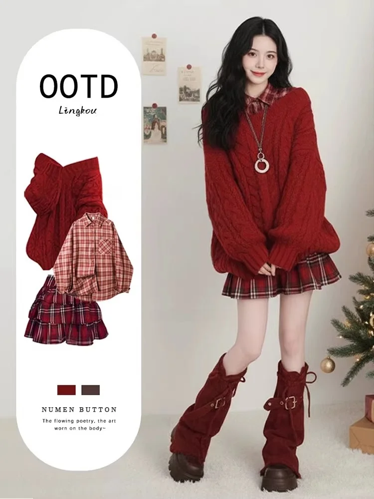 

Autumn Winter New Year Women's Robe Set Atmosphere Red Sweater Base Shirt Puffy Cake Skirt Three Piece Set Korean Style Loose...